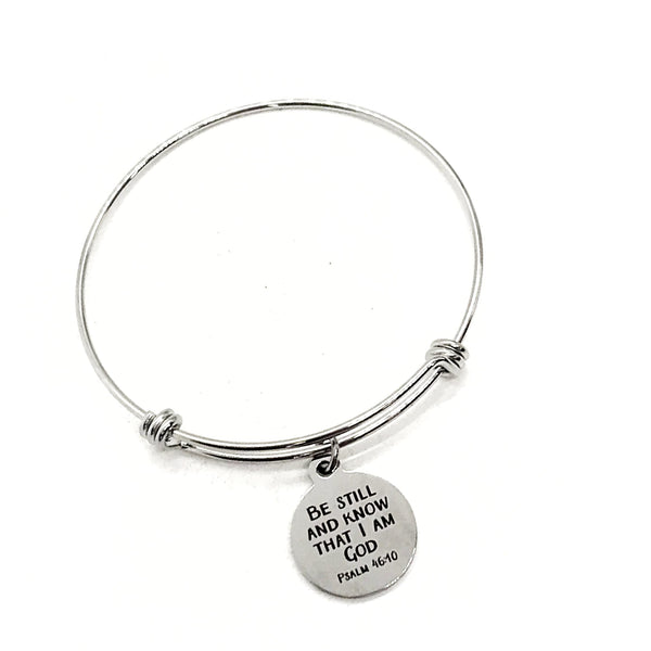 Be Still And Know That I Am God Stainless Steel Bangle Bracelet With Engraved Bible Verse Charm Christian Gift