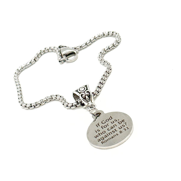 If God Is For Us Who Can Be Against Us Charm Bracelet, Romans 8 31, Scripture Charm, Bible Verse, Christian Jewelry Gift