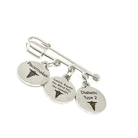 Custom Medical Notification Pin, Medical Awareness Pin, Medical Charm Brooch, Three Charm Pin, Three Charm Brooch, Customizable Charm Brooch