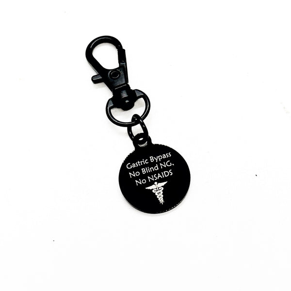 Gastric Bypass Black Zipper Pull, Gastric Bypass Medical ID Tag, No Blind NG, No NSAIDS, Medical Awareness Tag, Bag Charm, Purse Charm