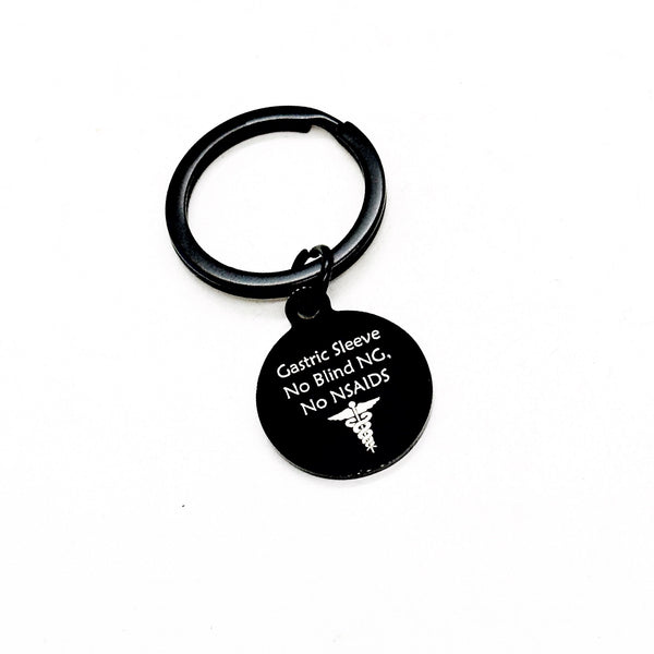 Gastric Sleeve Black Keychain, Gastric Sleeve Medical ID Tag, No Blind NG, No NSAIDS, Medical Awareness Tag, Zipper Charm, Keychain Charm