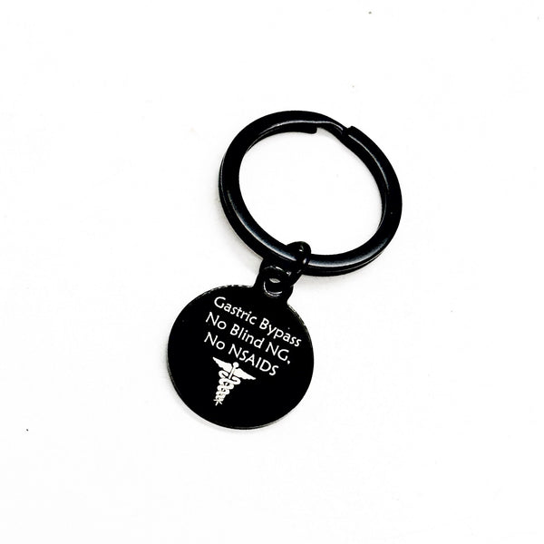 Gastric Bypass Black Keychain, Gastric Bypass Medical ID Tag, No Blind NG, No NSAIDS, Medical Awareness Tag, Zipper Charm, Keychain Charm