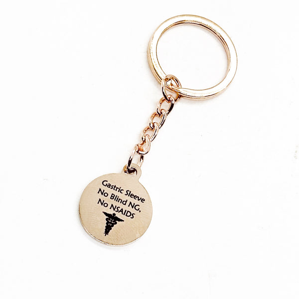 Gastric Sleeve Rose Gold Charm Keychain, Gastric Sleeve Medical ID, No Blind NG, No NSAIDS, Awareness, Zipper Charm, Keychain Charm