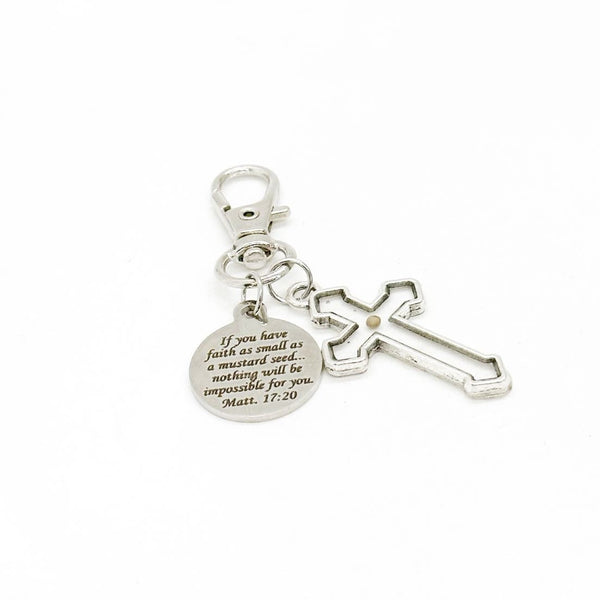 Mustard Seed Verse With Cross Clip On Charm, Matthew 17 20, Purse Charm, Keychain Charm, Christian Gifts, Scripture Gifts