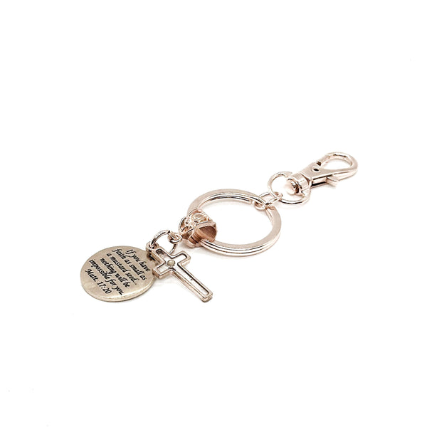 Mustard Seed Scripture Cross Rose Goldtone Clip On Charm Key Chain, Matthew 17 20 Charm, Bible Verse Gifts, Christian Gift, Baptism Gifts
