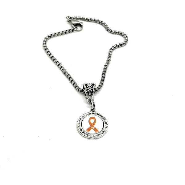Orange Ribbon Pendant Necklace, Orange Ribbon Charm, Melanoma Awareness, Leukemia, Cultural Diversity, Kidney Cancer, Suicide Prevention
