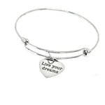 Live Your Dreams Stainless Steel Bracelet, Inspirational Heart Charm Adjustable Bangle Motivational Jewelry Gift for Her Graduation or Goal