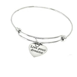 Live Your Dreams Stainless Steel Bracelet, Inspirational Heart Charm Adjustable Bangle Motivational Jewelry Gift for Her Graduation or Goal