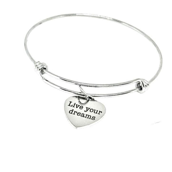 Live Your Dreams Stainless Steel Bracelet, Inspirational Heart Charm Adjustable Bangle Motivational Jewelry Gift for Her Graduation or Goal