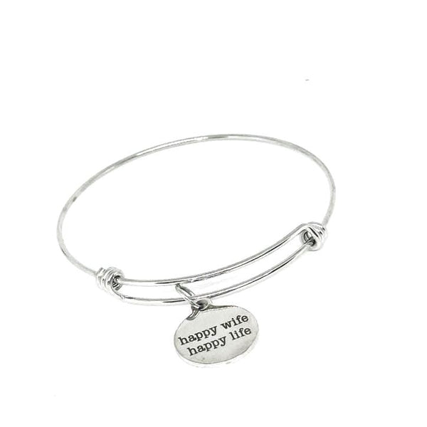 Happy Wife Happy Life Stainless Steel Bracelet Adjustable Bangle With 19mm Charm Funny Marriage Gift For Wife Or Husband Anniversary