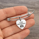 I Love Photography Charm Bracelet Stainless Steel Heart Camera Gift For Photographer Photo Jewelry Adjustable Bangle Photography Lover