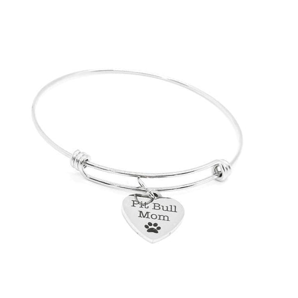 Pit Bull Mom Stainless Steel Heart Charm Bracelet Dog Lover Jewelry with 19mm Charm Adjustable Bangle Gift for Pitbull Owners