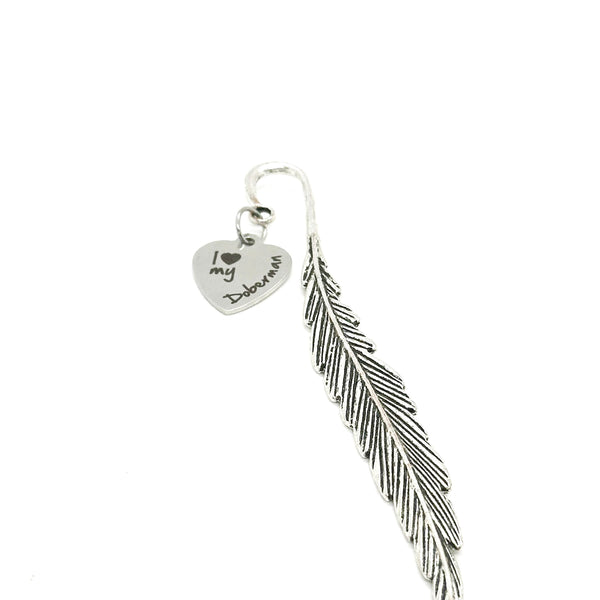 I Love My Doberman Charm Stem Bookmark, Hook Bookmark, Reader Gift, Dog Owner Gift For Her, Gift For Him, Planner Bookmark, Feather