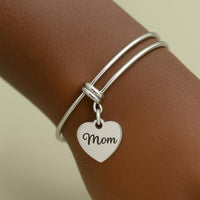 Elegant Stainless Steel Mom Heart Charm Bangle Bracelet Adjustable Jewelry Gift for Mothers Day Birthday or Special Occasion