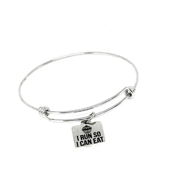 I Run So I Can Eat Stainless Steel Bracelet, Funny Runner Gift Adjustable Bangle for Foodies Joggers Fitness Lovers and Cupcake Fans