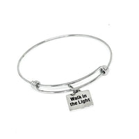 Walk In The Light Inspirational Bracelet Stainless Steel Adjustable Bangle With 19mm Charm Christian Faith Jewelry Religious Gift