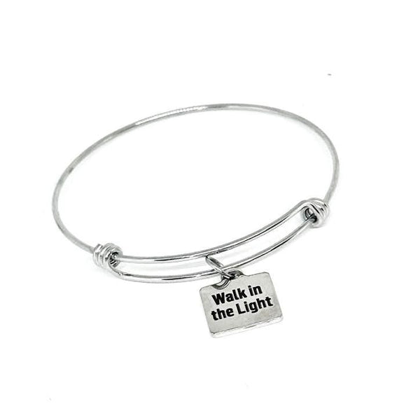 Walk In The Light Inspirational Bracelet Stainless Steel Adjustable Bangle With 19mm Charm Christian Faith Jewelry Religious Gift
