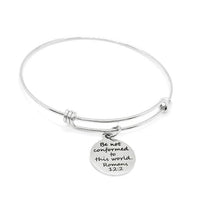 Be Not Conformed To This World Romans 12 2 Stainless Steel Bracelet Adjustable Christian Bangle With 19mm Scripture Charm Faith Gift