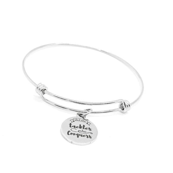What She Tackles She Conquers Stainless Steel Bracelet With 19mm Charm, Inspirational Jewelry For Women Empowerment Motivational Gift