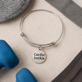 Cardio Junkie Stainless Steel Bracelet With 19mm Round Charm, Gym Fitness Gift For Her Workout Jewelry Motivational Activewear Style