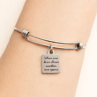 When One Door Closes Another One Opens Stainless Steel Inspirational Charm Bangle Bracelet Adjustable 19mm Square Pendant