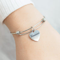 Feminist Stainless Steel Heart Charm Bracelet Adjustable Bangle Women Empowerment Jewelry Gift Strong Confident Inspirational Accessory