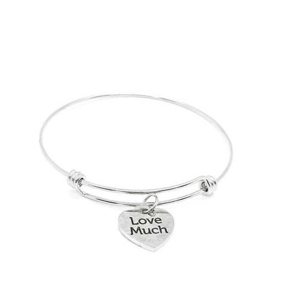 Love Much Bracelet Stainless Steel Adjustable Bangle With 19mm Heart Charm, Inspirational Jewelry Gift For Her Daily Motivation