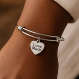Love Much Bracelet Stainless Steel Adjustable Bangle With 19mm Heart Charm, Inspirational Jewelry Gift For Her Daily Motivation