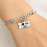 I Love My Pug Bracelet Stainless Steel Adjustable Bangle With 15x25mm Bone Charm, Dog Lover Jewelry Pug Mom Gift Pet Owner Present