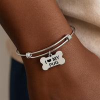 I Love My Pug Bracelet Stainless Steel Adjustable Bangle With 15x25mm Bone Charm, Dog Lover Jewelry Pug Mom Gift Pet Owner Present