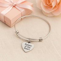Sisters Of The Heart Bracelet Stainless Steel Adjustable Bangle With 19mm Heart Charm, Friendship Jewelry Gift For Sister Friend