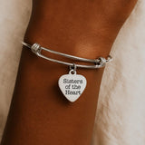 Sisters Of The Heart Bracelet Stainless Steel Adjustable Bangle With 19mm Heart Charm, Friendship Jewelry Gift For Sister Friend