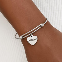 Cherished Bracelet, Stainless Steel Heart Charm Jewelry Meaningful Gift for Her Inspirational Adjustable Bangle Women’s Keepsake