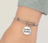 Cardio Junkie Stainless Steel Bracelet With 19mm Round Charm, Gym Fitness Gift For Her Workout Jewelry Motivational Activewear Style