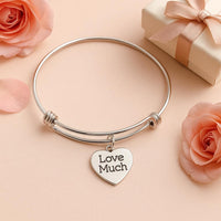 Love Much Bracelet Stainless Steel Adjustable Bangle With 19mm Heart Charm, Inspirational Jewelry Gift For Her Daily Motivation