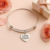 Love Much Bracelet Stainless Steel Adjustable Bangle With 19mm Heart Charm, Inspirational Jewelry Gift For Her Daily Motivation