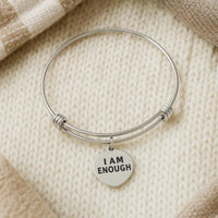 I Am Enough Bracelet Stainless Steel Adjustable Bangle With 19mm Round Charm, Inspirational Jewelry Self Love Gift For Her Affirmation