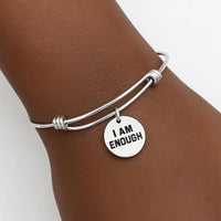 I Am Enough Bracelet Stainless Steel Adjustable Bangle With 19mm Round Charm, Inspirational Jewelry Self Love Gift For Her Affirmation