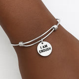 I Am Enough Bracelet Stainless Steel Adjustable Bangle With 19mm Round Charm, Inspirational Jewelry Self Love Gift For Her Affirmation