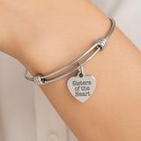 Sisters Of The Heart Bracelet Stainless Steel Adjustable Bangle With 19mm Heart Charm, Friendship Jewelry Gift For Sister Friend