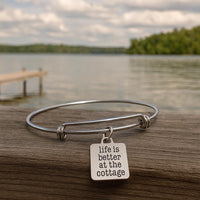 Life Is Better At The Cottage Bracelet Stainless Steel Bangle With 19mm Charm, Inspirational Jewelry Cottagecore Gift For Her Summer Style