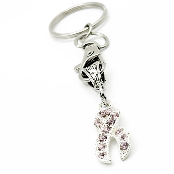 Pink Rhinestone Ribbon Keychain Stainless Steel Awareness Charm Keyring Inspirational Jewelry Gift For Women Support Symbol Accessory