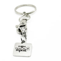 Coffee Teach Repeat Keychain Stainless Steel Engraved Teacher Appreciation Gift Coffee Lover Charm Square Pendant 19mm