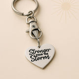 Stronger Than The Storm Keychain Stainless Steel Engraved Heart Charm Inspirational Gift For Women Men Strength Quote Key Ring