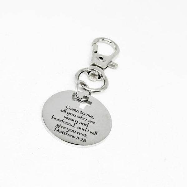 Matthew 11:28 Clip On Charm Jesus Will Give You Rest Stainless Steel Engraved Bible Verse Keychain Christian Faith Gift