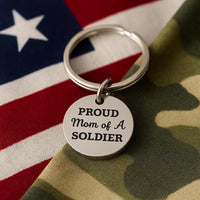 Proud Mom Of A Soldier Stainless Steel Keychain, Military Family Gift Army Mom Support Key Ring Round 19mm Charm