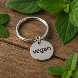 Vegan keychain stainless steel charm round 19mm eco friendly jewelry sustainable gift plant based lifestyle accessory