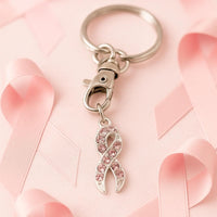 Pink Rhinestone Ribbon Keychain Stainless Steel Awareness Charm Keyring Inspirational Jewelry Gift For Women Support Symbol Accessory