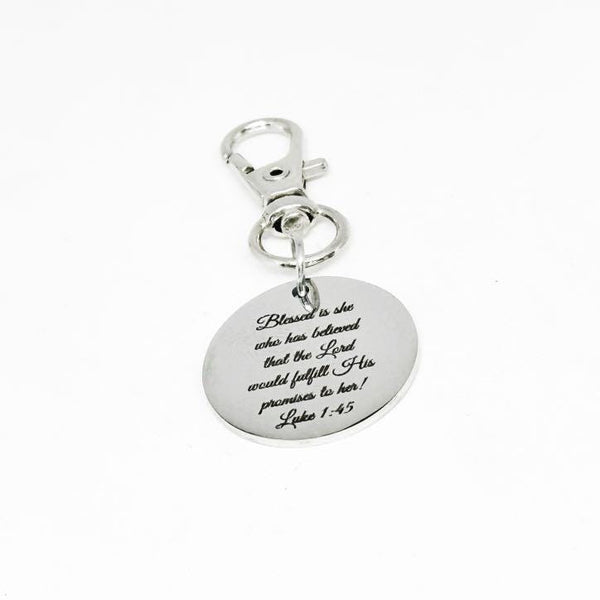 Luke 1:45 Clip On Charm Stainless Steel Engraved Bible Verse Keychain Christian Faith Gift For Women