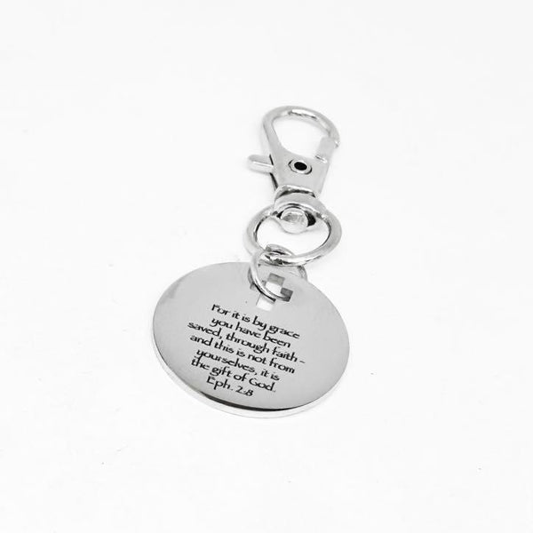 Ephesians 2:8 Clip On Charm Stainless Steel Engraved Bible Verse Keychain With Cross Cut Out Christian Faith Gift